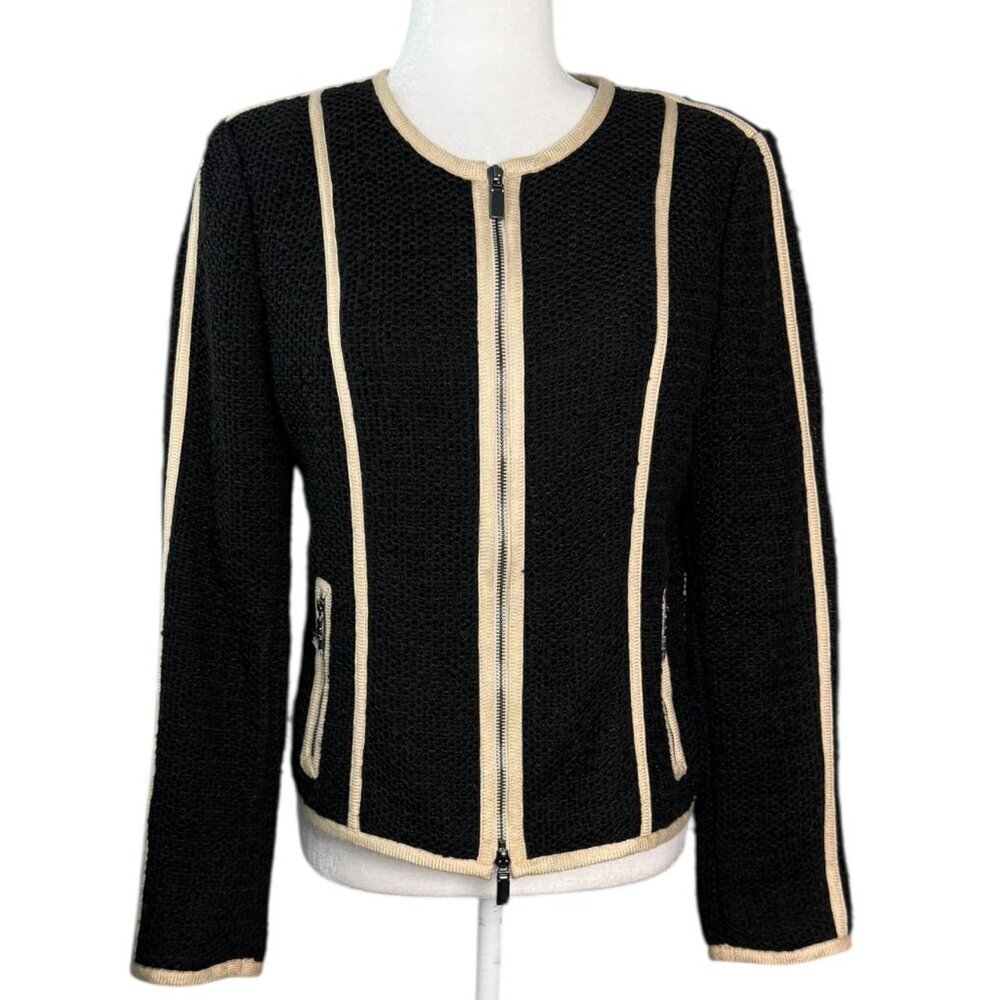 WORTH New York Wool-Blend Blazer Jacket Beige Black Zipper Front Womens SZ 8